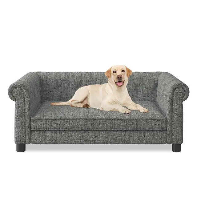 Alt view image 7 of 7 - Elevated Dog Couch Bed for Medium and Large Sized Dog,Raised Pet Sofa with Washable Cushion Cover,Comfortable Linen Pet Couch,60 lbs Loading Large Sofa Chair,Light Grey