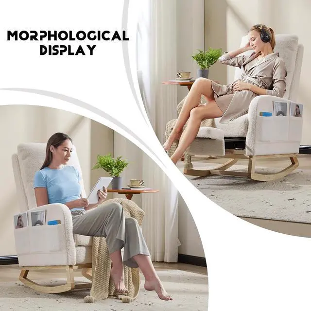 Alt view image 3 of 7 - Rocking Chair with Footrest, Teddy Upholstered Nursery Glider with Adjustable High Backrest and Solid Wood Legs, Accent Living Room Armchair with Side Pockets, Comfy Reading Lounger, White