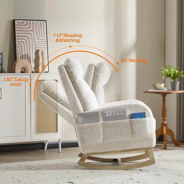 Alt view image 4 of 7 - Rocking Chair with Footrest, Teddy Upholstered Nursery Glider with Adjustable High Backrest and Solid Wood Legs, Accent Living Room Armchair with Side Pockets, Comfy Reading Lounger, White