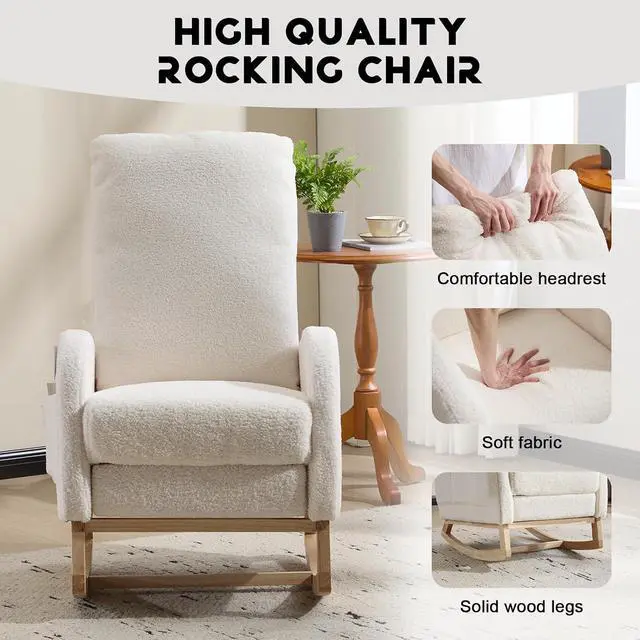 Alt view image 5 of 7 - Rocking Chair with Footrest, Teddy Upholstered Nursery Glider with Adjustable High Backrest and Solid Wood Legs, Accent Living Room Armchair with Side Pockets, Comfy Reading Lounger, White
