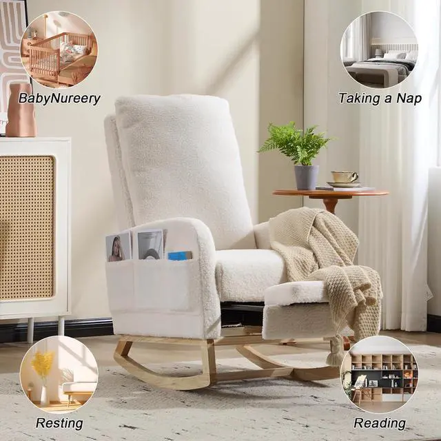 Alt view image 7 of 7 - Rocking Chair with Footrest, Teddy Upholstered Nursery Glider with Adjustable High Backrest and Solid Wood Legs, Accent Living Room Armchair with Side Pockets, Comfy Reading Lounger, White