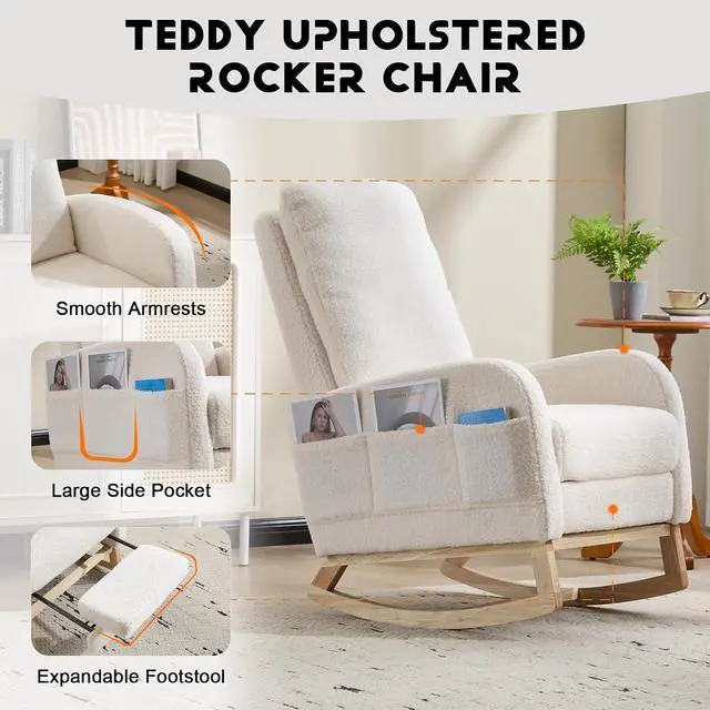 Alt view image 6 of 7 - Rocking Chair with Footrest, Teddy Upholstered Nursery Glider with Adjustable High Backrest and Solid Wood Legs, Accent Living Room Armchair with Side Pockets, Comfy Reading Lounger, White