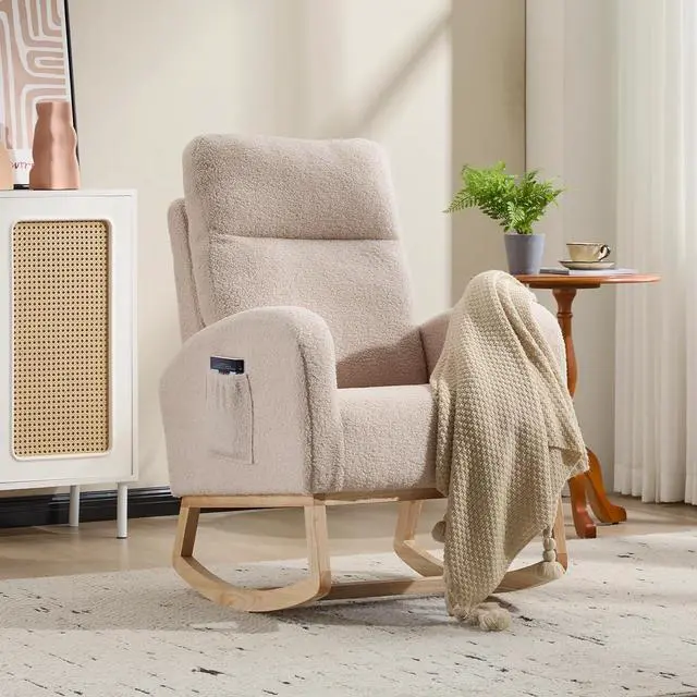 Main image of Rocking Chair with Adjustable High Backrest, Teddy Upholstered Nursery Glider with Solid Wood Legs, Accent Living Room Armchair with Side Pocket, Comfy Reading Lounger, Beige