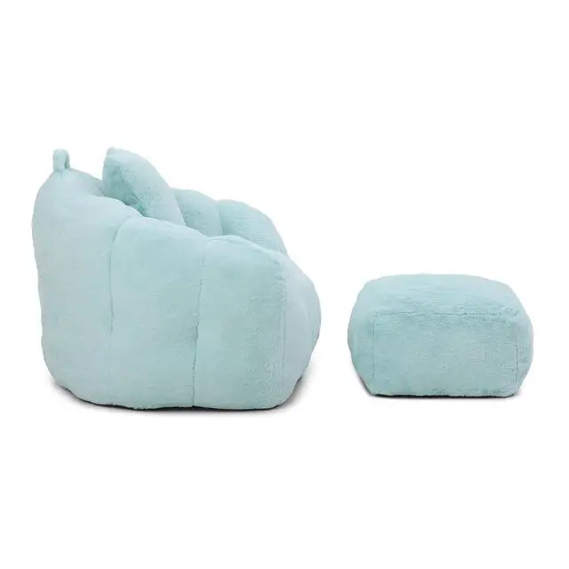 Alt view image 4 of 7 - Giant Adult Bean Bag Chair with Footstool, Faux Fur Big Bean Bag Couch with Filler, Comfy Accent Floor Sofa, Stuffed Boneless Reading Chair for Living Room, Bedroom,Gaming Room,Light Blue
