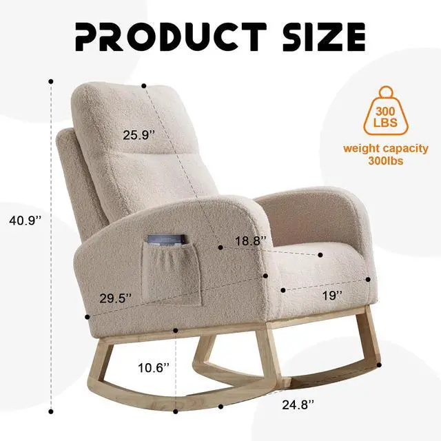 Alt view image 2 of 7 - Rocking Chair with Adjustable High Backrest, Teddy Upholstered Nursery Glider with Solid Wood Legs, Accent Living Room Armchair with Side Pocket, Comfy Reading Lounger, Beige