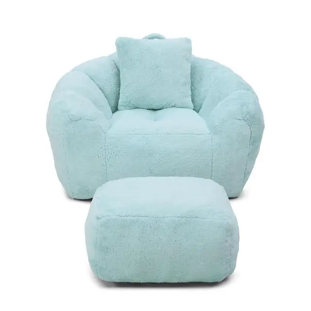 Alt view image 3 of 7 - Giant Adult Bean Bag Chair with Footstool, Faux Fur Big Bean Bag Couch with Filler, Comfy Accent Floor Sofa, Stuffed Boneless Reading Chair for Living Room, Bedroom,Gaming Room,Light Blue