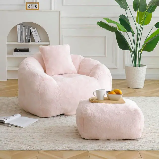 Main image of Giant Adult Bean Bag Chair with Footstool, Faux Fur Big Bean Bag Couch with Filler, Comfy Accent Floor Sofa, Stuffed Boneless Reading Chair for Living Room, Bedroom,Gaming Room,Pink