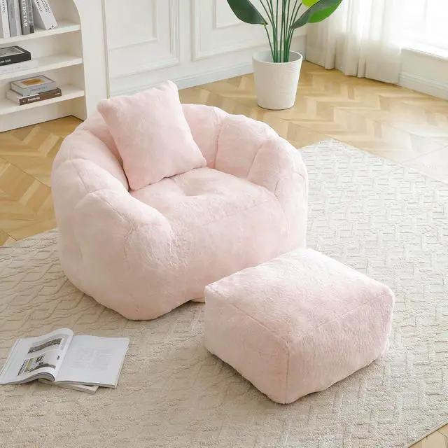 Alt view image 2 of 7 - Giant Adult Bean Bag Chair with Footstool, Faux Fur Big Bean Bag Couch with Filler, Comfy Accent Floor Sofa, Stuffed Boneless Reading Chair for Living Room, Bedroom,Gaming Room,Pink
