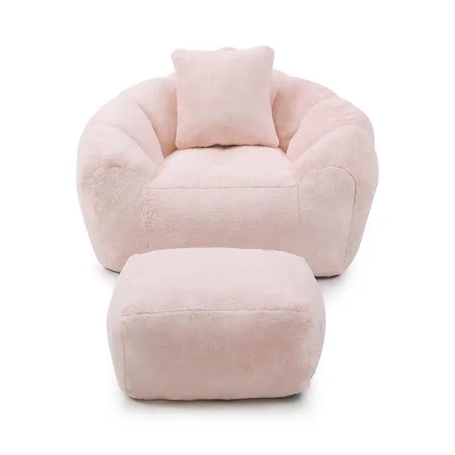 Alt view image 3 of 7 - Giant Adult Bean Bag Chair with Footstool, Faux Fur Big Bean Bag Couch with Filler, Comfy Accent Floor Sofa, Stuffed Boneless Reading Chair for Living Room, Bedroom,Gaming Room,Pink