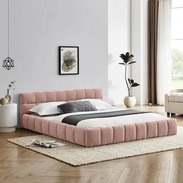 Alt view image 3 of 7 - Queen Size Chenille Upholsted Bed Frame with Tufted Heaboard, Soft Cloud Platform Bed with Low Profile, Queen Floor Bed with Solid Wooden Slats, No Box Spring Needed, Pink