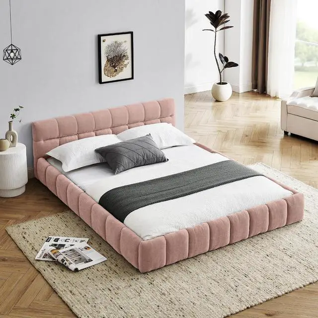 Main image of Queen Size Chenille Upholsted Bed Frame with Tufted Heaboard, Soft Cloud Platform Bed with Low Profile, Queen Floor Bed with Solid Wooden Slats, No Box Spring Needed, Pink