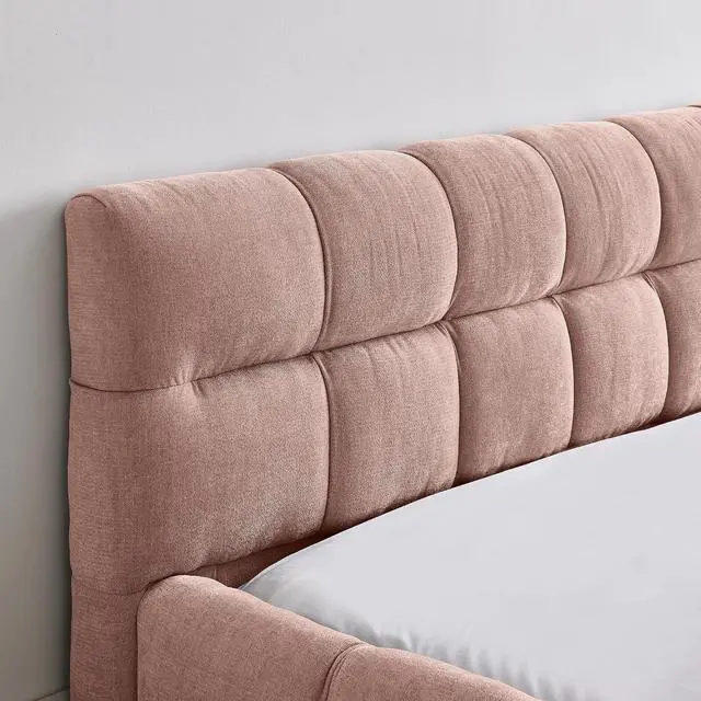 Alt view image 5 of 7 - Queen Size Chenille Upholsted Bed Frame with Tufted Heaboard, Soft Cloud Platform Bed with Low Profile, Queen Floor Bed with Solid Wooden Slats, No Box Spring Needed, Pink