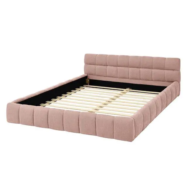 Alt view image 7 of 7 - Queen Size Chenille Upholsted Bed Frame with Tufted Heaboard, Soft Cloud Platform Bed with Low Profile, Queen Floor Bed with Solid Wooden Slats, No Box Spring Needed, Pink