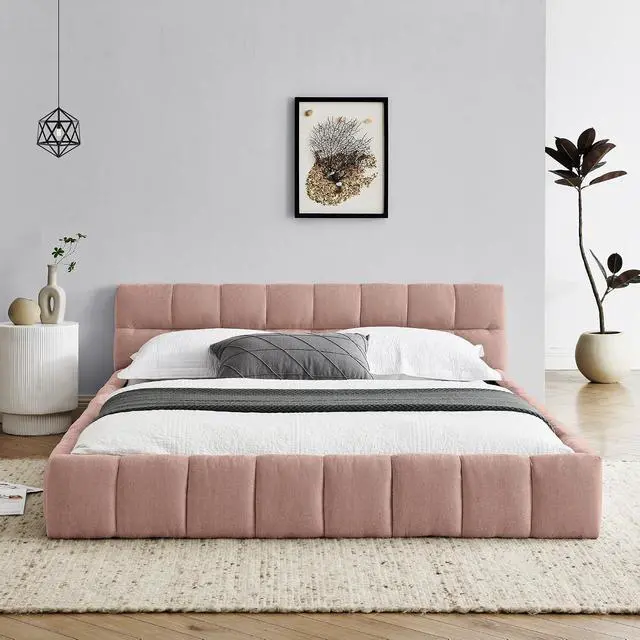Alt view image 4 of 7 - Queen Size Chenille Upholsted Bed Frame with Tufted Heaboard, Soft Cloud Platform Bed with Low Profile, Queen Floor Bed with Solid Wooden Slats, No Box Spring Needed, Pink