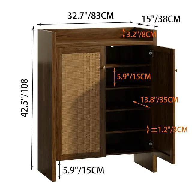 Alt view image 2 of 7 - 6-Tier Shoe Storage Cabinet with Rattan Doors, Shoe Rack with Adjustable Shelves and Bottom Storage Area, Freestanding Wooden Shoe Organizer for Entryway,Hallway,Living Room, Natural