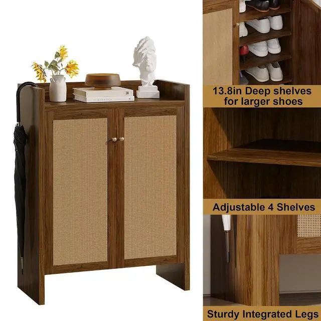 Alt view image 4 of 7 - 6-Tier Shoe Storage Cabinet with Rattan Doors, Shoe Rack with Adjustable Shelves and Bottom Storage Area, Freestanding Wooden Shoe Organizer for Entryway,Hallway,Living Room, Natural