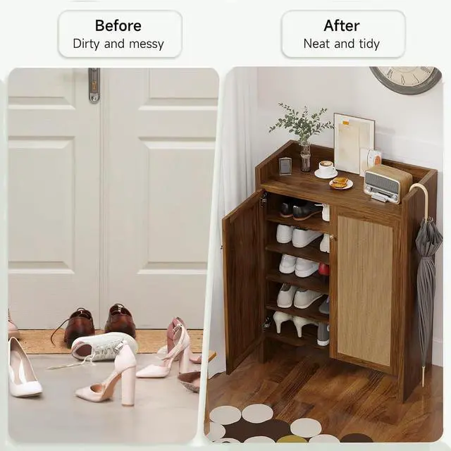 Alt view image 6 of 7 - 6-Tier Shoe Storage Cabinet with Rattan Doors, Shoe Rack with Adjustable Shelves and Bottom Storage Area, Freestanding Wooden Shoe Organizer for Entryway,Hallway,Living Room, Natural