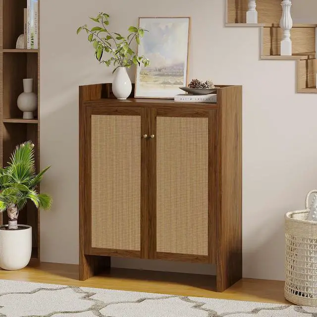 Alt view image 7 of 7 - 6-Tier Shoe Storage Cabinet with Rattan Doors, Shoe Rack with Adjustable Shelves and Bottom Storage Area, Freestanding Wooden Shoe Organizer for Entryway,Hallway,Living Room, Natural