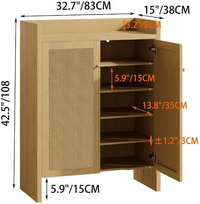 Alt view image 2 of 7 - 6-Tier Shoe Storage Cabinet with Rattan Doors, Shoe Rack with Adjustable Shelves and Bottom Storage Area, Freestanding Wooden Shoe Organizer for Entryway,Hallway,Living Room, Natural
