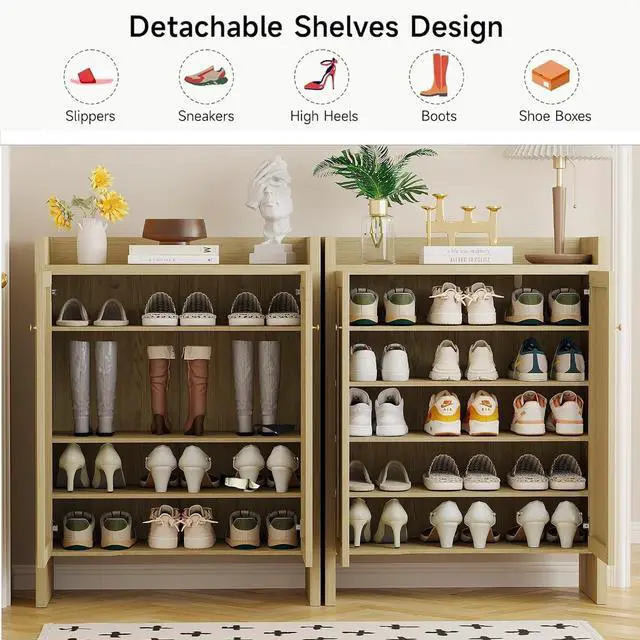 Alt view image 4 of 7 - 6-Tier Shoe Storage Cabinet with Rattan Doors, Shoe Rack with Adjustable Shelves and Bottom Storage Area, Freestanding Wooden Shoe Organizer for Entryway,Hallway,Living Room, Natural