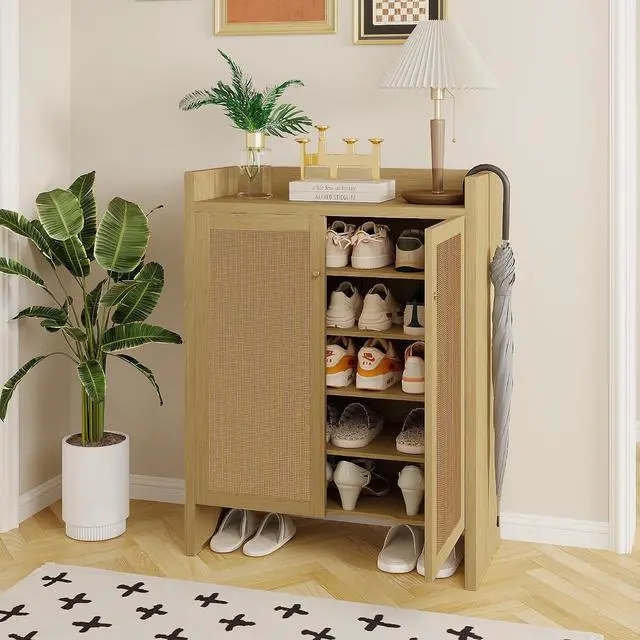 Alt view image 3 of 7 - 6-Tier Shoe Storage Cabinet with Rattan Doors, Shoe Rack with Adjustable Shelves and Bottom Storage Area, Freestanding Wooden Shoe Organizer for Entryway,Hallway,Living Room, Natural