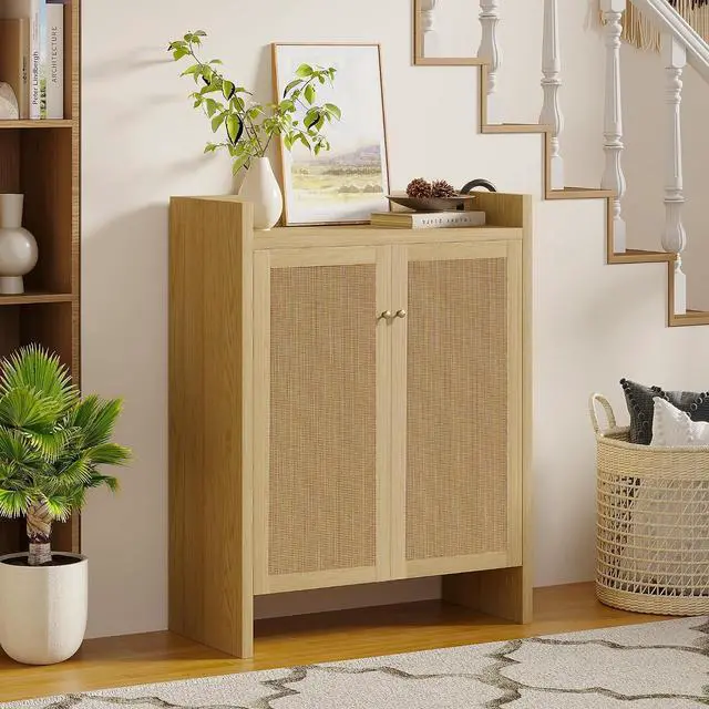 Main image of 6-Tier Shoe Storage Cabinet with Rattan Doors, Shoe Rack with Adjustable Shelves and Bottom Storage Area, Freestanding Wooden Shoe Organizer for Entryway,Hallway,Living Room, Natural