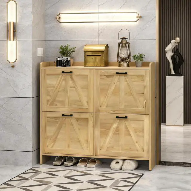 Alt view image 6 of 7 - Modern Shoe Storage Cabinet with Flip-Down Drawers, Narrow Shoe Rack with Shutter Doors, Metal Handled and Bottom Storage Area, Shoe Organizer for Entryways Hallway, Foyer, Living Room, Light Oak
