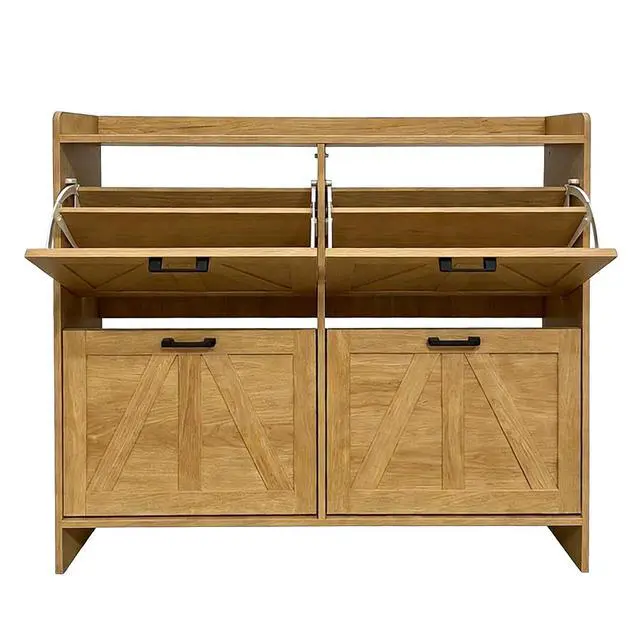 Alt view image 7 of 7 - Modern Shoe Storage Cabinet with Flip-Down Drawers, Narrow Shoe Rack with Shutter Doors, Metal Handled and Bottom Storage Area, Shoe Organizer for Entryways Hallway, Foyer, Living Room, Light Oak