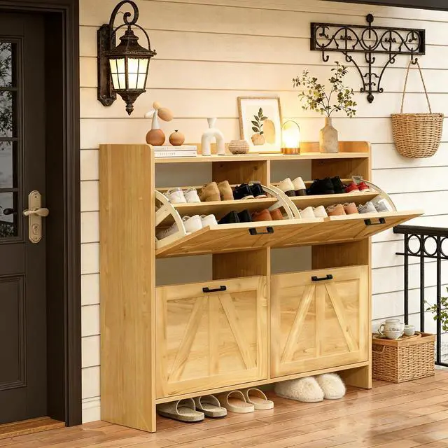 Alt view image 5 of 7 - Modern Shoe Storage Cabinet with Flip-Down Drawers, Narrow Shoe Rack with Shutter Doors, Metal Handled and Bottom Storage Area, Shoe Organizer for Entryways Hallway, Foyer, Living Room, Light Oak