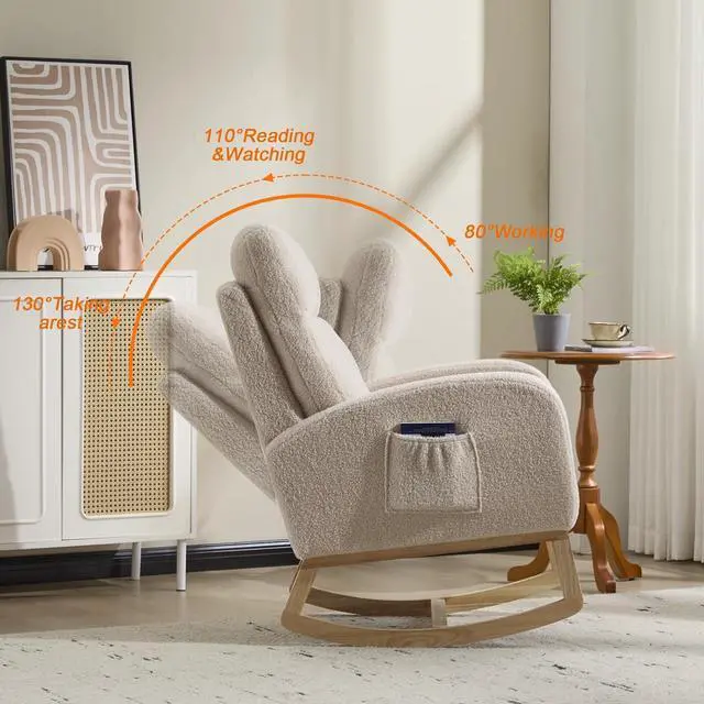 Alt view image 3 of 7 - Rocking Chair with Adjustable High Backrest, Teddy Upholstered Nursery Glider with Solid Wood Legs, Accent Living Room Armchair with Side Pocket, Comfy Reading Lounger, Beige
