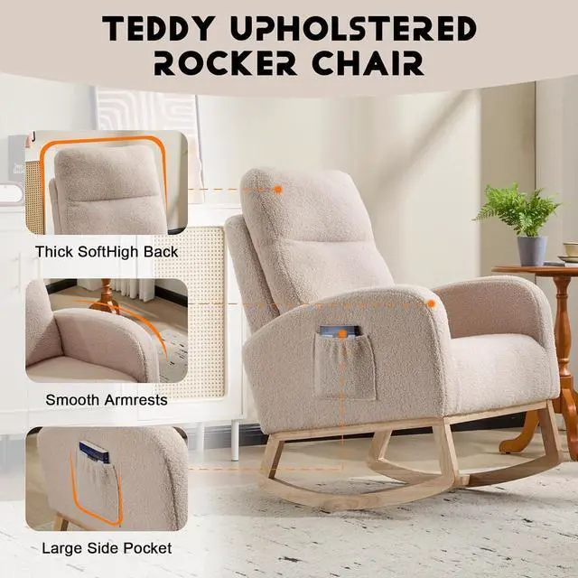 Alt view image 5 of 7 - Rocking Chair with Adjustable High Backrest, Teddy Upholstered Nursery Glider with Solid Wood Legs, Accent Living Room Armchair with Side Pocket, Comfy Reading Lounger, Beige