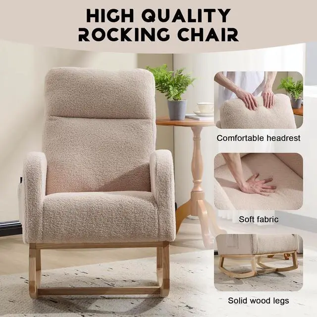 Alt view image 4 of 7 - Rocking Chair with Adjustable High Backrest, Teddy Upholstered Nursery Glider with Solid Wood Legs, Accent Living Room Armchair with Side Pocket, Comfy Reading Lounger, Beige