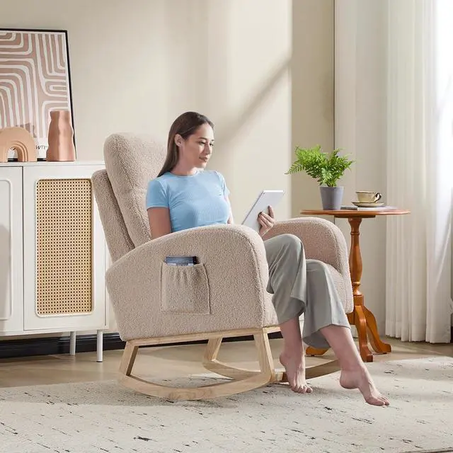 Alt view image 6 of 7 - Rocking Chair with Adjustable High Backrest, Teddy Upholstered Nursery Glider with Solid Wood Legs, Accent Living Room Armchair with Side Pocket, Comfy Reading Lounger, Beige