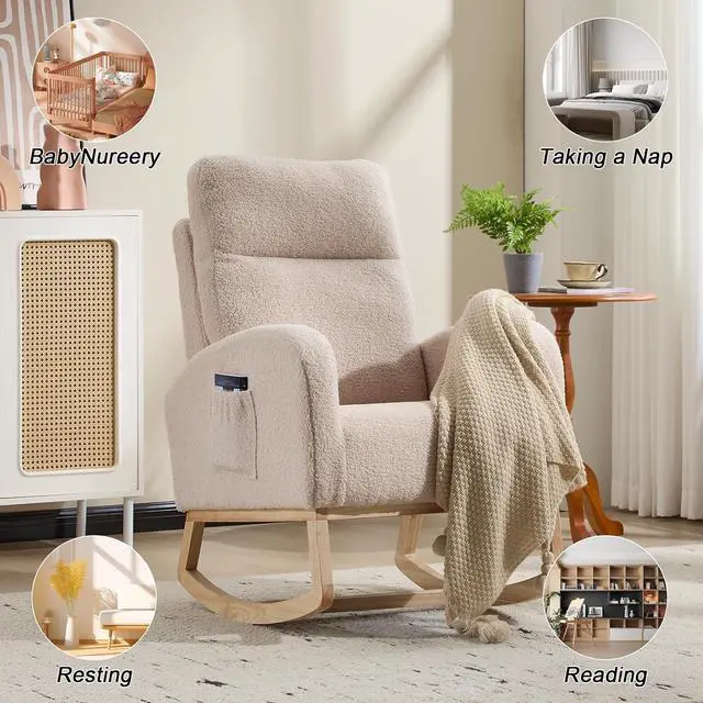 Alt view image 7 of 7 - Rocking Chair with Adjustable High Backrest, Teddy Upholstered Nursery Glider with Solid Wood Legs, Accent Living Room Armchair with Side Pocket, Comfy Reading Lounger, Beige