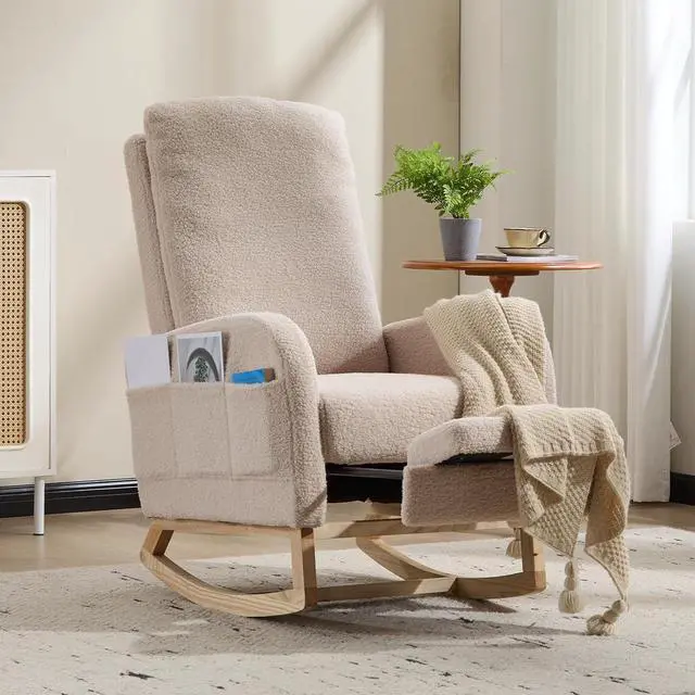 Main image of Rocking Chair with Footrest, Teddy Upholstered Nursery Glider with Adjustable High Backrest and Solid Wood Legs, Accent Living Room Armchair with Side Pockets, Comfy Reading Lounger, Beige