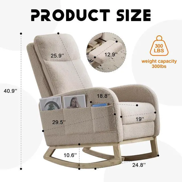 Alt view image 2 of 7 - Rocking Chair with Footrest, Teddy Upholstered Nursery Glider with Adjustable High Backrest and Solid Wood Legs, Accent Living Room Armchair with Side Pockets, Comfy Reading Lounger, Beige