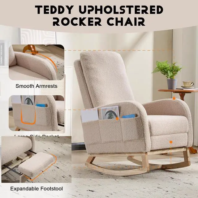 Alt view image 3 of 7 - Rocking Chair with Footrest, Teddy Upholstered Nursery Glider with Adjustable High Backrest and Solid Wood Legs, Accent Living Room Armchair with Side Pockets, Comfy Reading Lounger, Beige