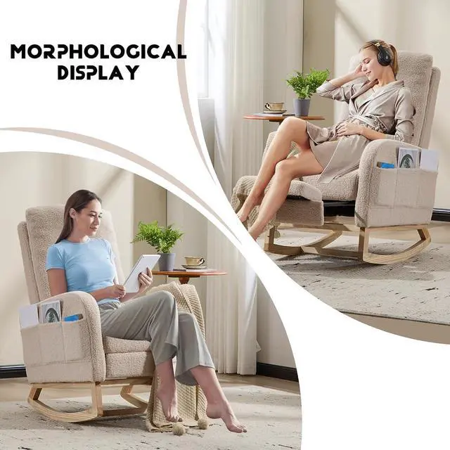 Alt view image 5 of 7 - Rocking Chair with Footrest, Teddy Upholstered Nursery Glider with Adjustable High Backrest and Solid Wood Legs, Accent Living Room Armchair with Side Pockets, Comfy Reading Lounger, Beige