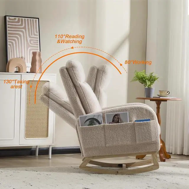 Alt view image 4 of 7 - Rocking Chair with Footrest, Teddy Upholstered Nursery Glider with Adjustable High Backrest and Solid Wood Legs, Accent Living Room Armchair with Side Pockets, Comfy Reading Lounger, Beige