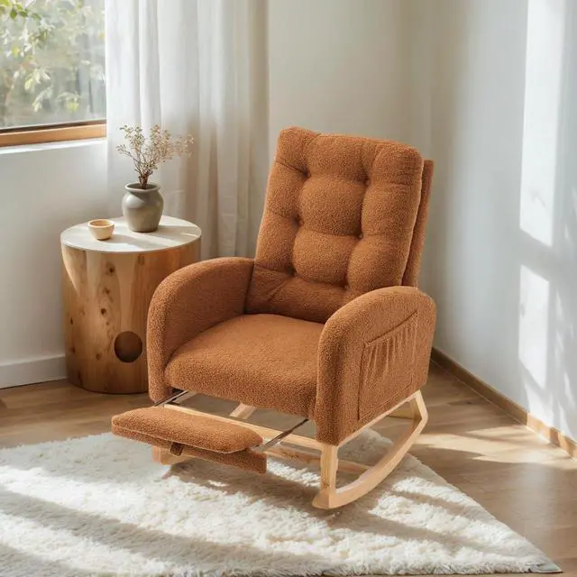 Main image of Plush High-Back Rocker Recliner, Teddy Fabric Accent Rocking Chair with Footrest, Glider Nursery Chair with Rubber Wood Legs, Lounger for Nursery, Bedroom, Living Room, Caramel