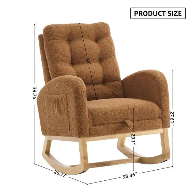 Alt view image 2 of 7 - Plush High-Back Rocker Recliner, Teddy Fabric Accent Rocking Chair with Footrest, Glider Nursery Chair with Rubber Wood Legs, Lounger for Nursery, Bedroom, Living Room, Caramel