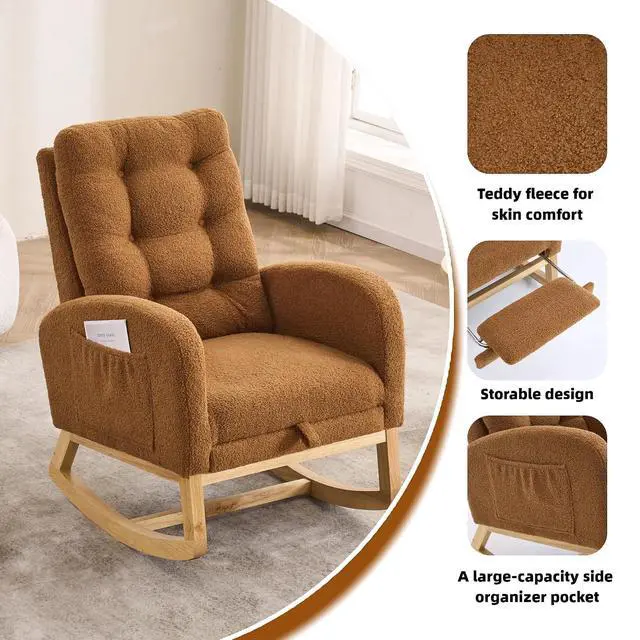 Alt view image 3 of 7 - Plush High-Back Rocker Recliner, Teddy Fabric Accent Rocking Chair with Footrest, Glider Nursery Chair with Rubber Wood Legs, Lounger for Nursery, Bedroom, Living Room, Caramel