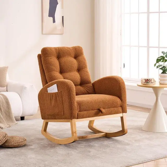 Alt view image 4 of 7 - Plush High-Back Rocker Recliner, Teddy Fabric Accent Rocking Chair with Footrest, Glider Nursery Chair with Rubber Wood Legs, Lounger for Nursery, Bedroom, Living Room, Caramel
