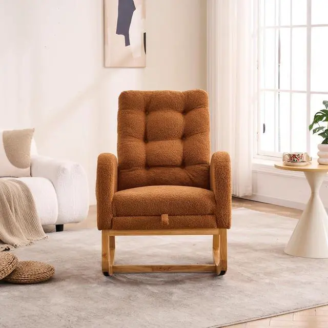 Alt view image 5 of 7 - Plush High-Back Rocker Recliner, Teddy Fabric Accent Rocking Chair with Footrest, Glider Nursery Chair with Rubber Wood Legs, Lounger for Nursery, Bedroom, Living Room, Caramel