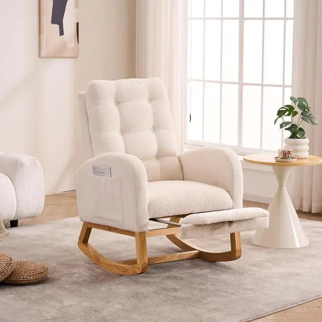Main image of Plush High-Back Rocker Recliner, Teddy Fabric Accent Rocking Chair with Footrest, Glider Nursery Chair with Rubber Wood Legs, Lounger for Nursery, Bedroom, Living Room, Cream White