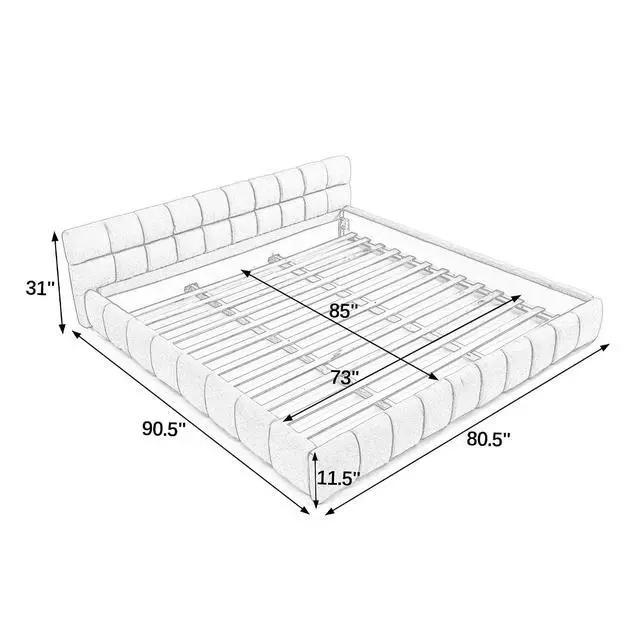 Alt view image 2 of 7 - California King Floor Bed Frame, Chenille Upholstered Platform Bed with Thick Headboard, Tufted Grounded King Bed with Solid Wooden Slats, No Box Spring Needed, Pink