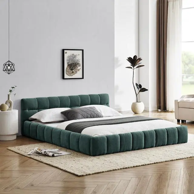 Alt view image 3 of 7 - Queen Size Chenille Upholsted Bed Frame with Tufted Heaboard, Soft Cloud Platform Bed with Low Profile, Queen Floor Bed with Solid Wooden Slats, No Box Spring Needed, Blue-Green
