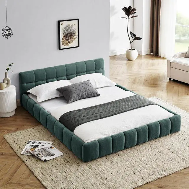 Main image of Queen Size Chenille Upholsted Bed Frame with Tufted Heaboard, Soft Cloud Platform Bed with Low Profile, Queen Floor Bed with Solid Wooden Slats, No Box Spring Needed, Blue-Green