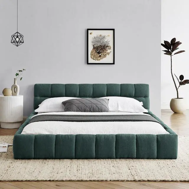 Alt view image 4 of 7 - Queen Size Chenille Upholsted Bed Frame with Tufted Heaboard, Soft Cloud Platform Bed with Low Profile, Queen Floor Bed with Solid Wooden Slats, No Box Spring Needed, Blue-Green