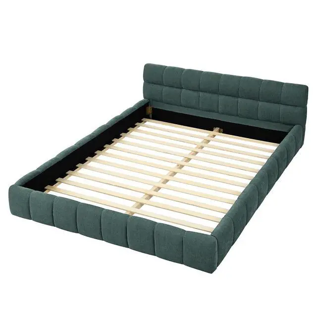 Alt view image 7 of 7 - Queen Size Chenille Upholsted Bed Frame with Tufted Heaboard, Soft Cloud Platform Bed with Low Profile, Queen Floor Bed with Solid Wooden Slats, No Box Spring Needed, Blue-Green